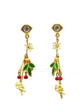 Fun Christams Shoulder Duster Earrings, Gold Tone Crystals Drop to Whimsical